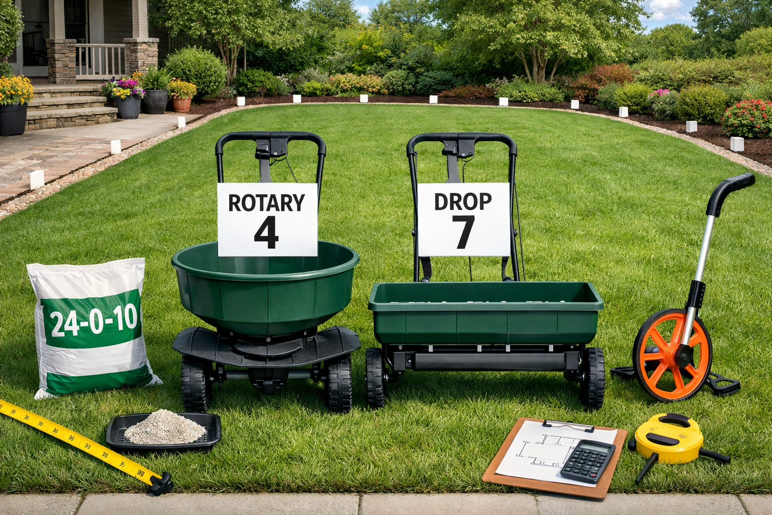 Two lawn spreaders labeled “ROTARY 4” and “DROP 7” beside a yard fertilizer calculator, tape measure, and 24-0-10 fertilizer bag.
