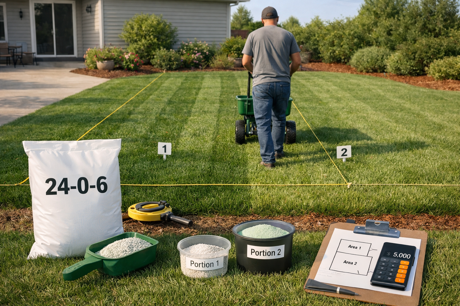 Homeowner uses a spreader on marked lawn sections with fertilizer, measuring tools, and a yard fertilizer calculator.