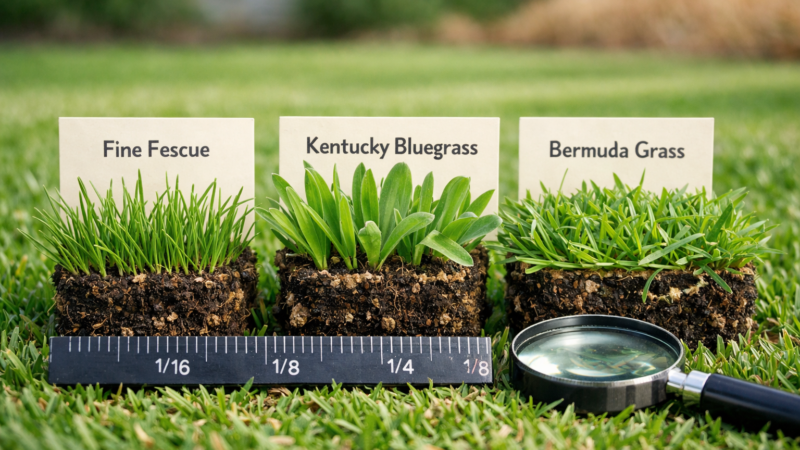 Various types of grass shown as soil plugs with runners, a ruler, magnifying glass, and comparison cards on a lawn.