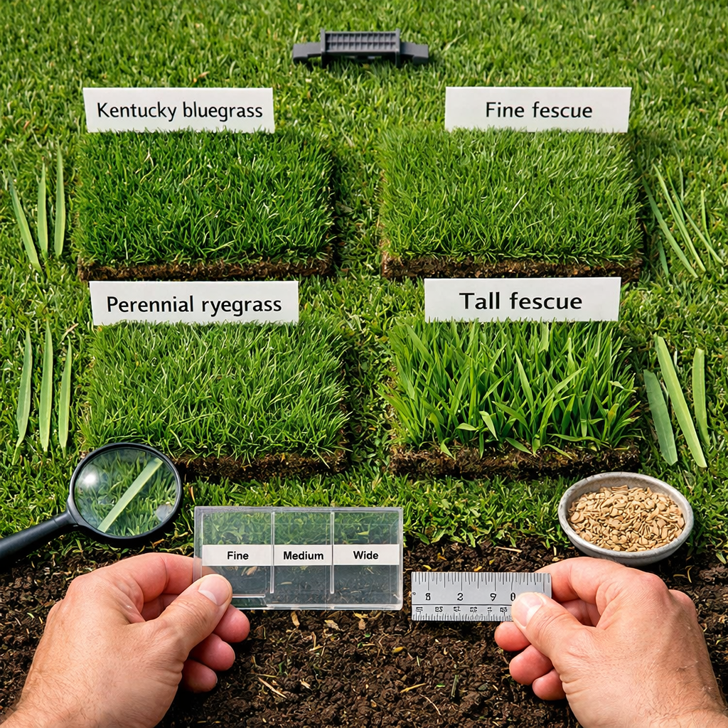 Overhead comparison of various types of grass, labeled sod samples, blades, ruler, magnifier, and hands on a lawn.