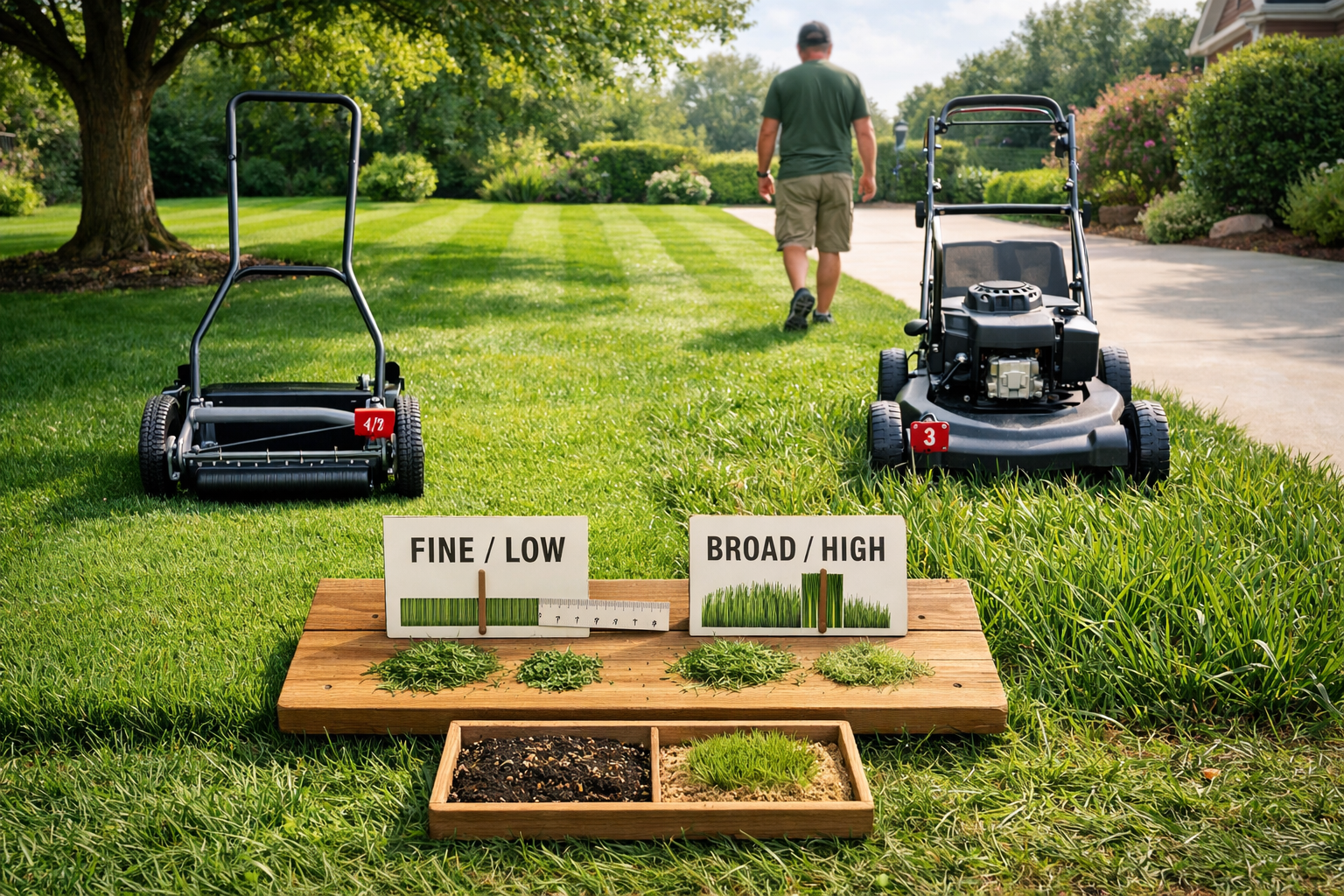 Various types of grass surround reel and rotary mowers, height gauges, and comparison cards labeled fine/low and broad/high.