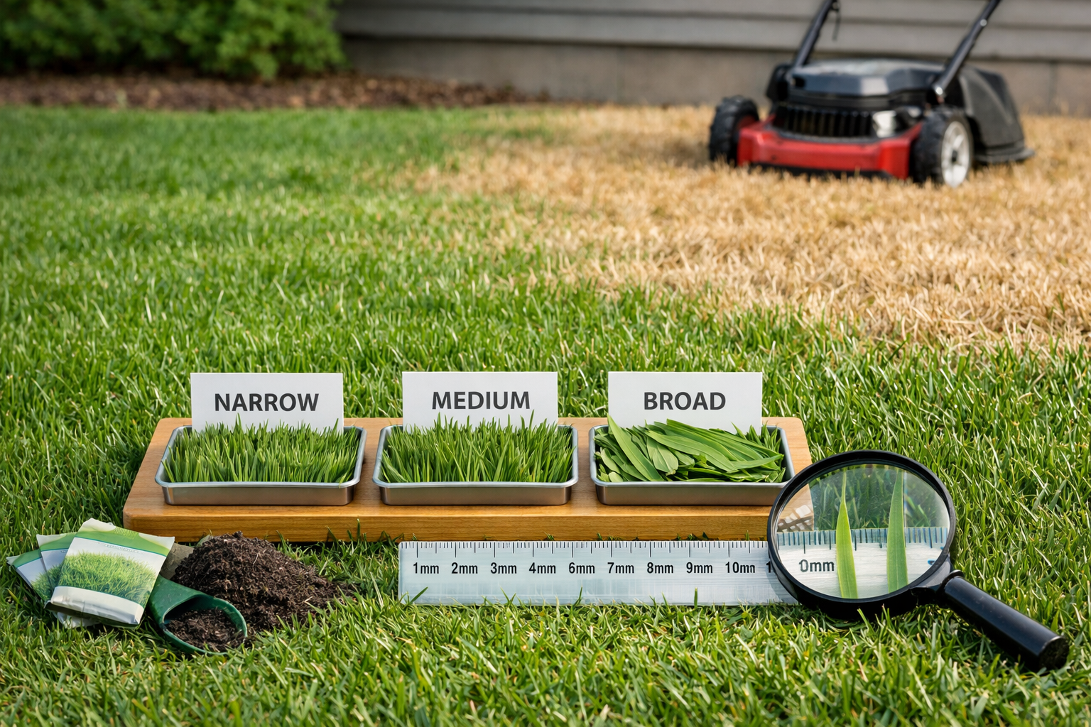 Comparison board showing various types of grass labeled narrow, medium, and broad beside a lawn, mower, soil, and guide.