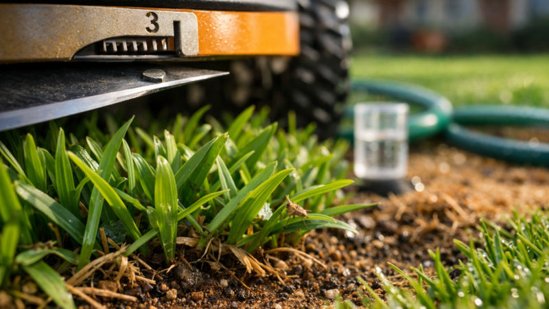 Extreme close-up of a mower trimming St. Augustine grass above a brown patch, with hose and rain gauge showing care of st augustine grass