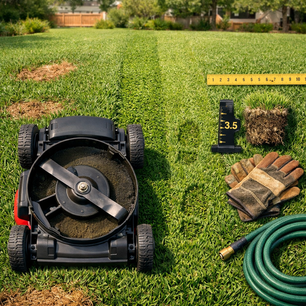 Bird’s-eye view of mower, height gauge, soil plug, gloves, and hose on St. Augustine turf, illustrating care of st augustine grass.