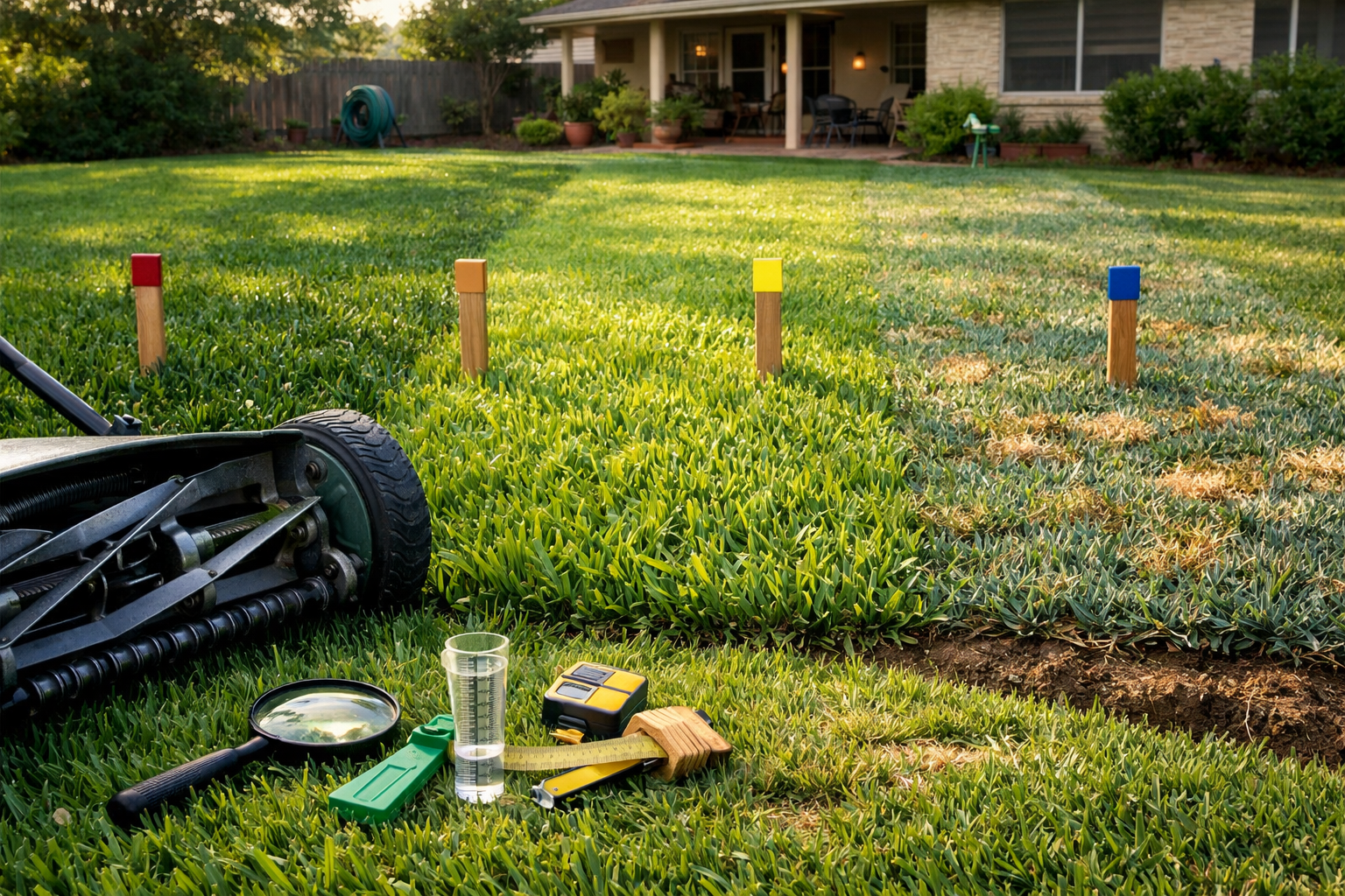 Three distinct St. Augustine lawn sections, tools, and mower demonstrate care of st augustine grass in a Gulf Coast backyard.