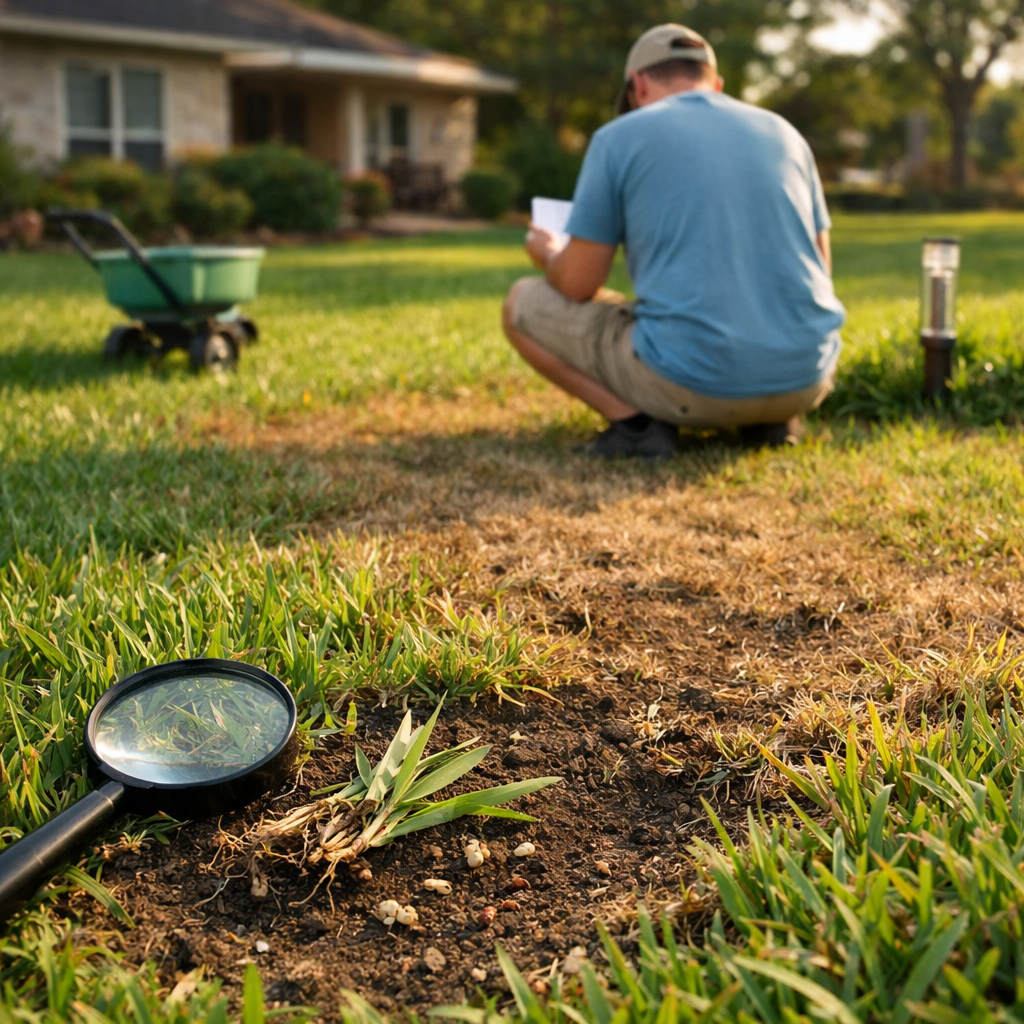 Homeowner examines a brown lawn patch with magnifying glass and insects, demonstrating care of st augustine grass.