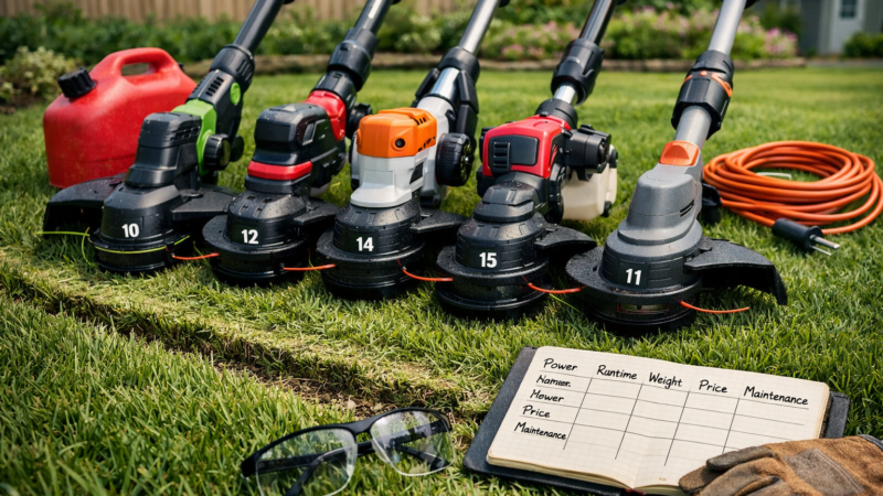 Five lawn string trimmer models, including cordless, gas, and corded types, lined up on a freshly cut suburban lawn.