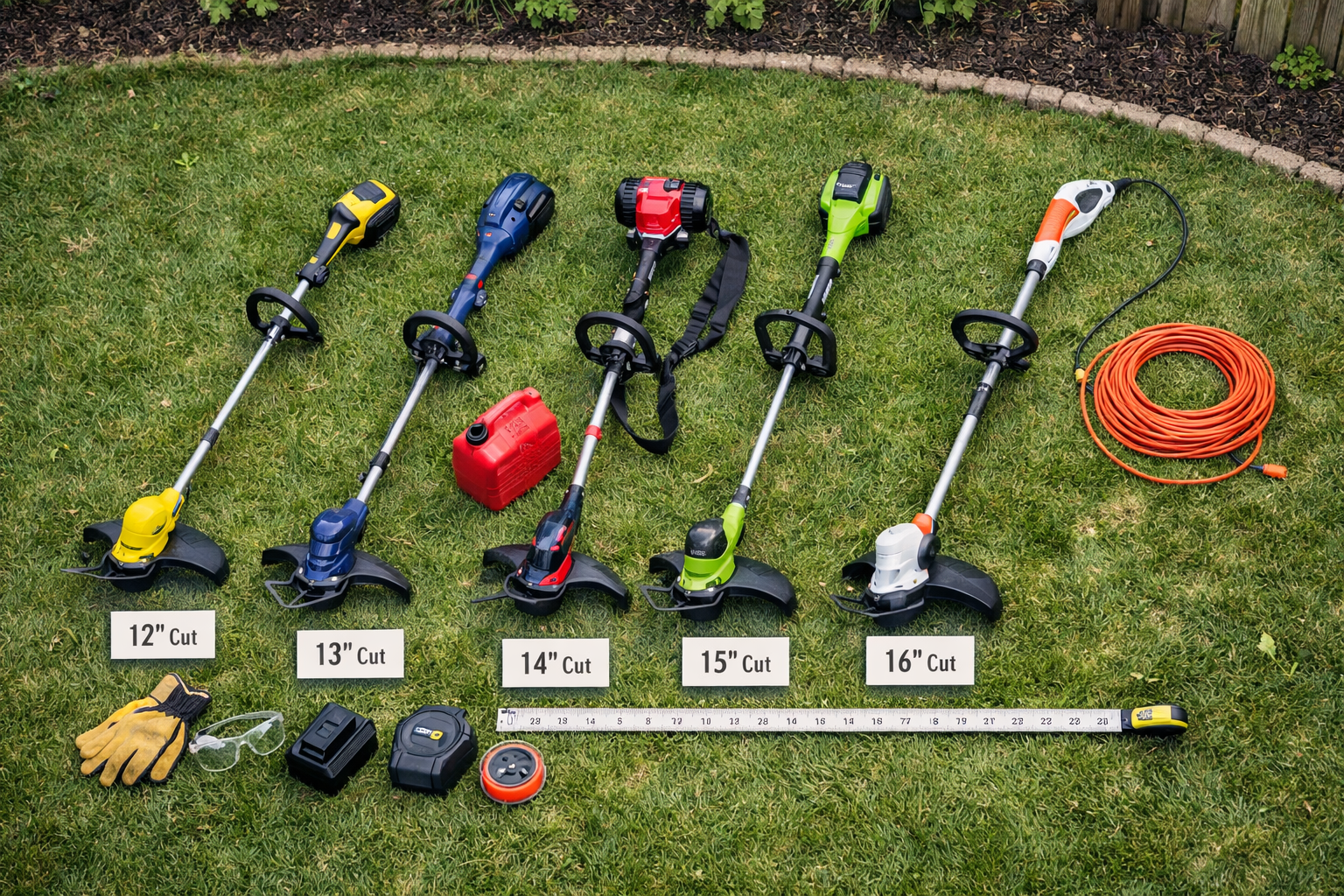 Overhead comparison of five lawn string trimmer models on grass, with batteries, fuel can, cord, tools, and measurement cards.