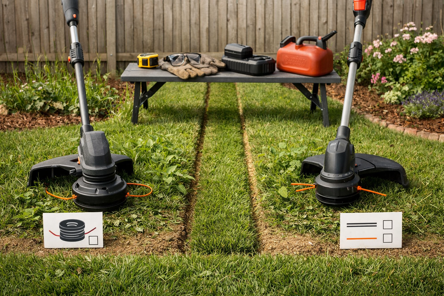 Two lawn string trimmers compare bump-feed and fixed-line heads beside weed patches in a tidy suburban backyard.