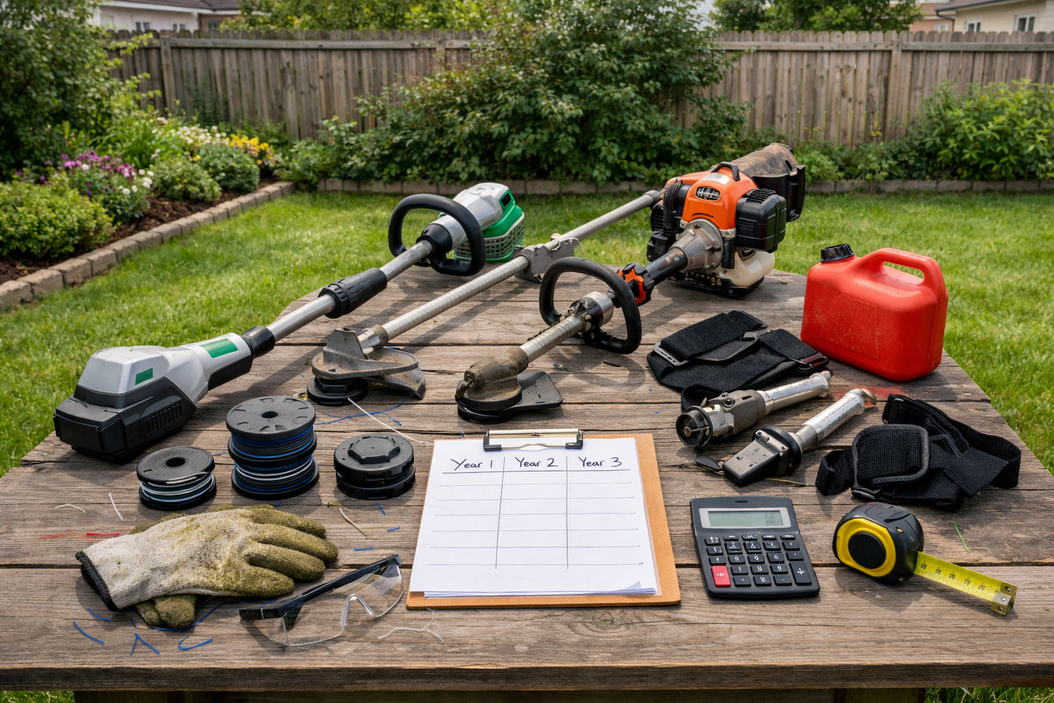 Backyard table compares battery and gas lawn string trimmer ownership costs with accessories, tools, and maintenance supplies.
