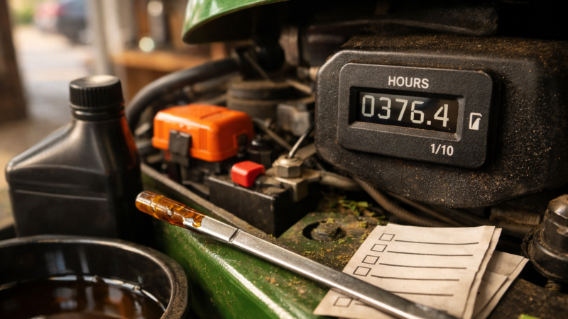 Close-up of a maintenance riding lawn mower hour meter, dipstick, oil bottle, drain pan, and checklist beneath its green hood.