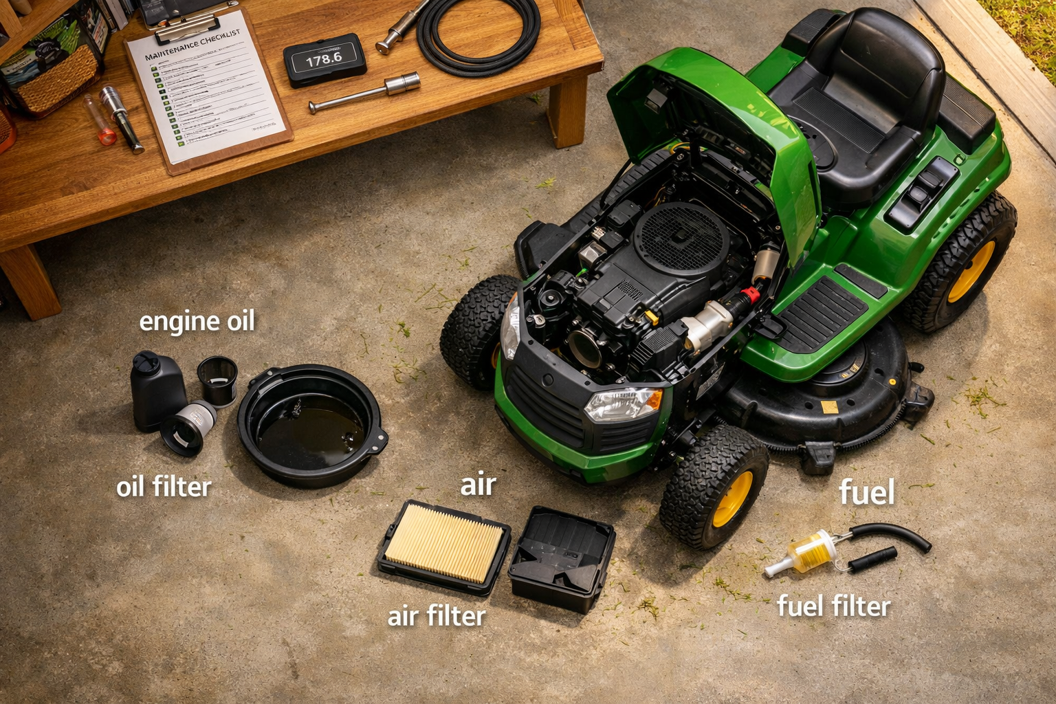maintenance riding lawn mower with open hood, engine, and labeled oil, air, and fuel filters arranged in a garage.