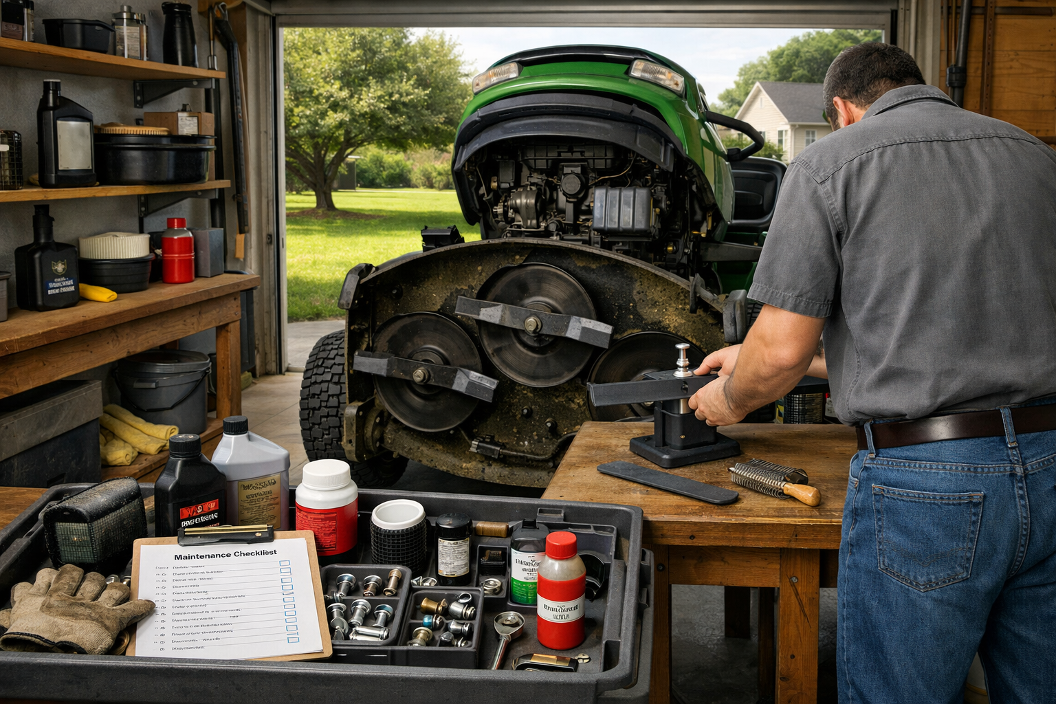 Maintenance riding lawn mower serviced in an organized garage, with homeowner balancing a blade beside the open mower and tools.