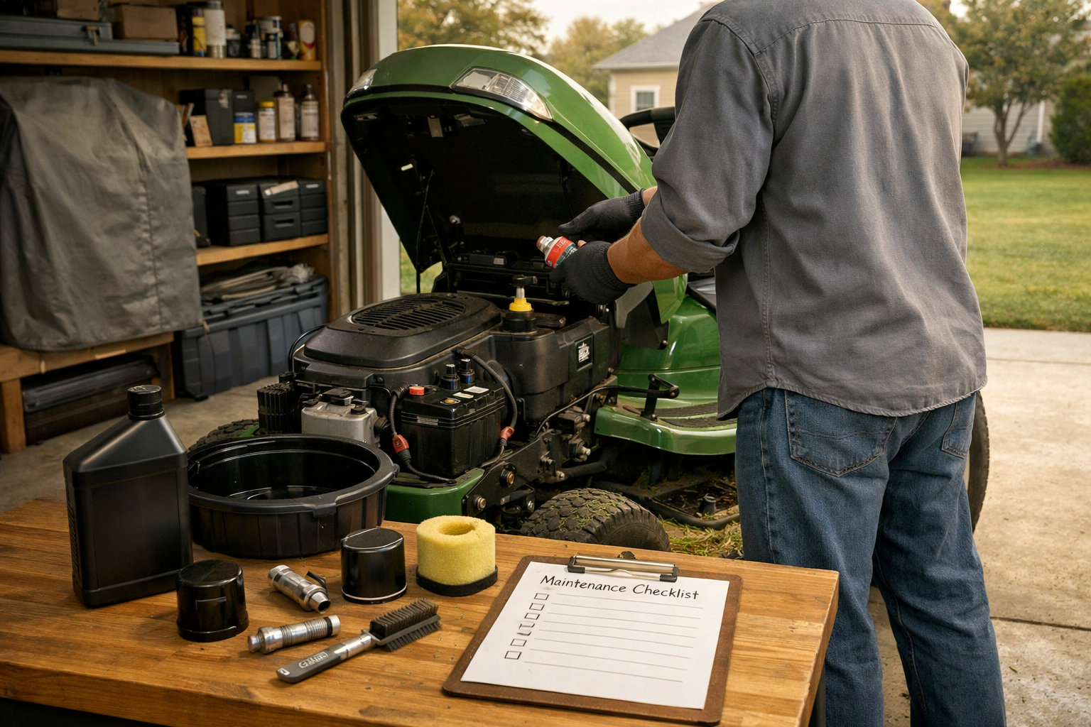 Homeowner servicing a green maintenance riding lawn mower in an organized garage beside a suburban lawn.