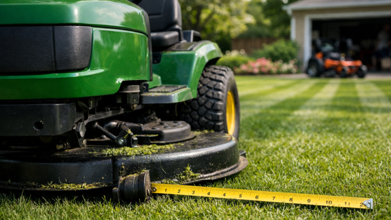 Close-up of a green grass cutting tractor with mower deck, measuring tape, and treaded tire on a freshly cut suburban lawn.