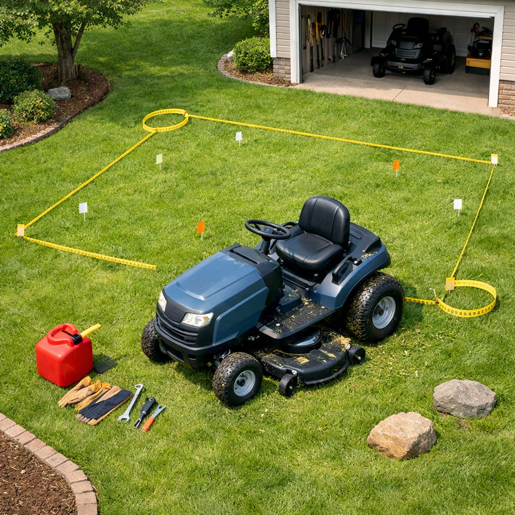Overhead view of a grass cutting tractor on a suburban lawn with tools, measuring tape, flower bed, trees, and garage.