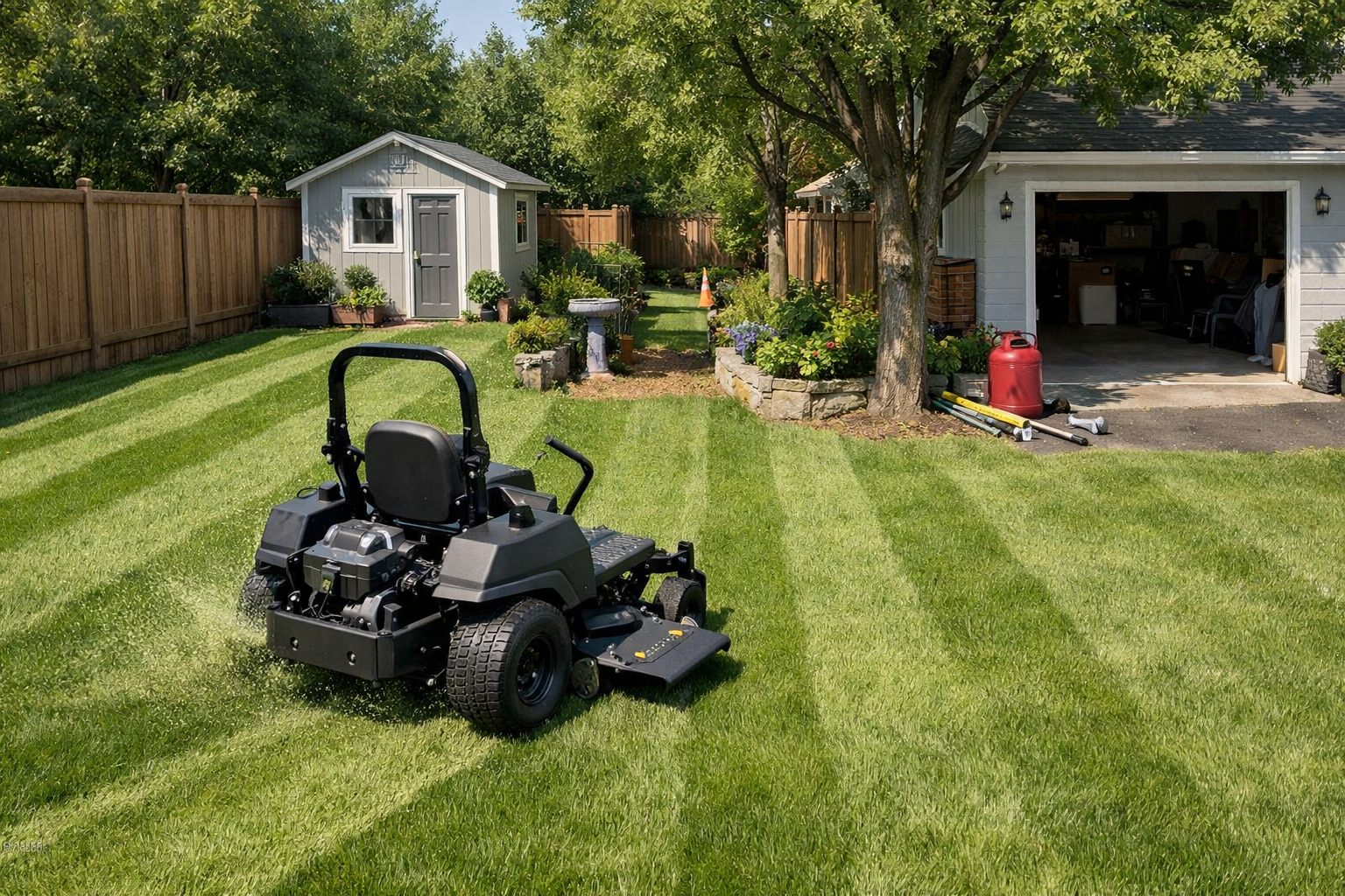 Grass cutting tractor stripes a broad lawn beside a tight fenced passage, trees, flower beds, shed, and garage.