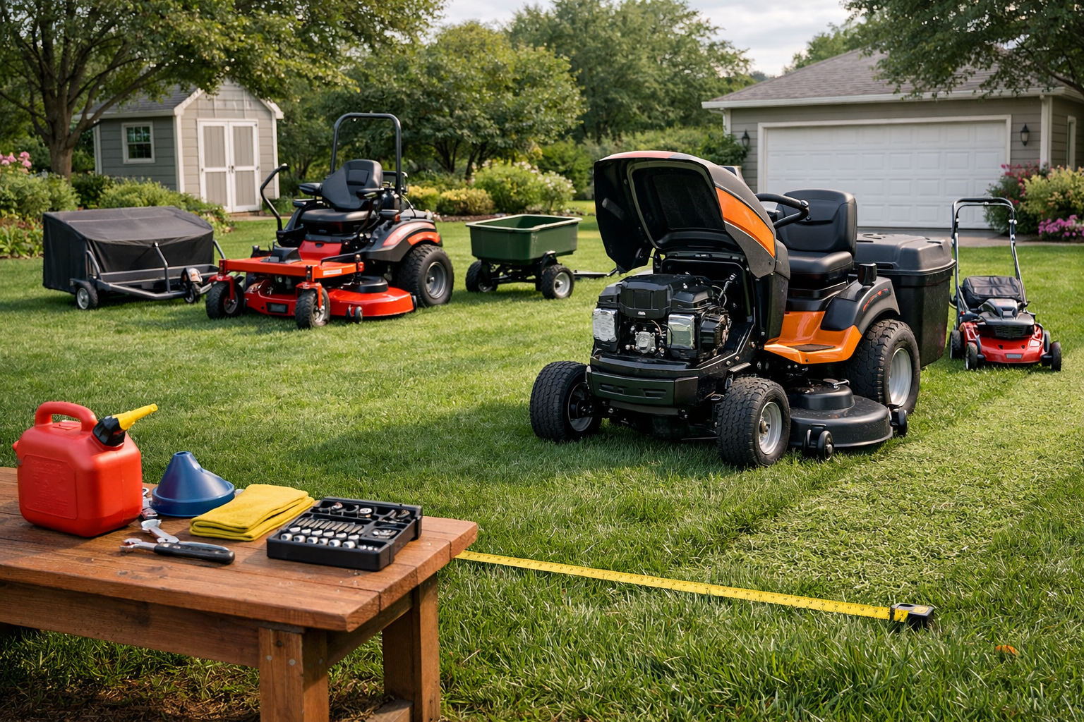 Grass cutting tractor with raised hood beside mowed lawn, compared with zero-turn and push mowers, attachments, and tools.