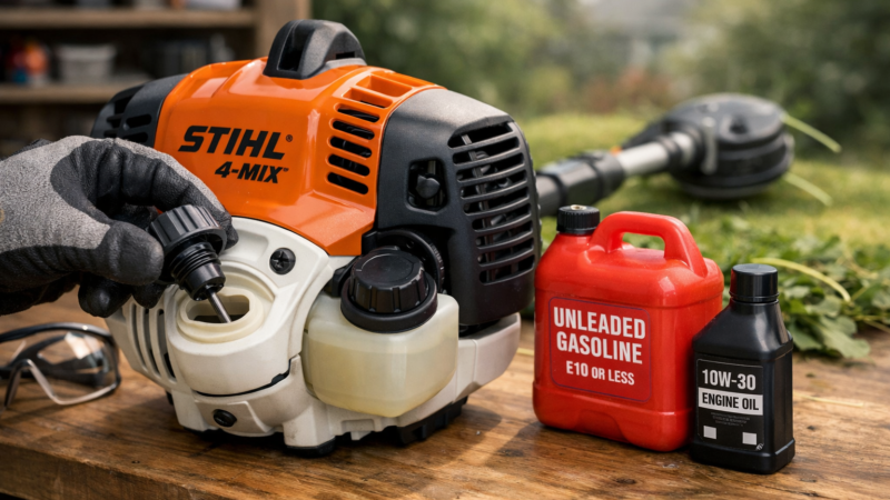 Stihl 4 cycle weed eater powerhead on a bench, gloved hand checking oil while separate gasoline and oil containers sit nearby.