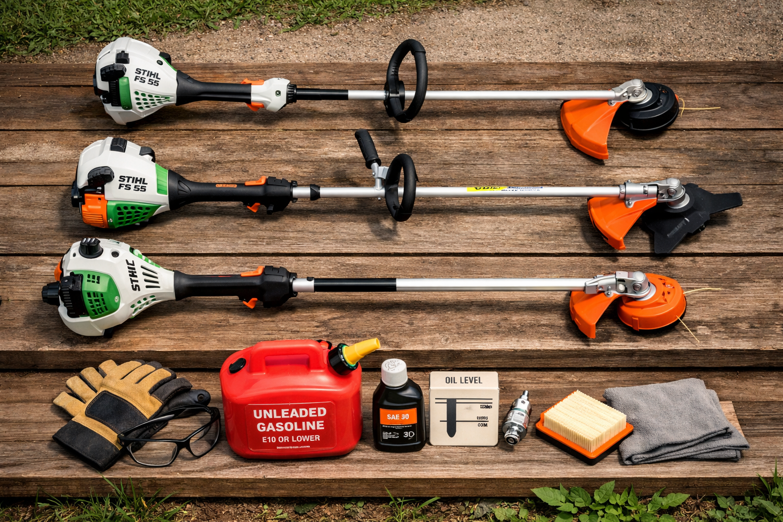 Overhead layout of stihl 4 cycle weed eater tools, safety gear, fuel, oil, and maintenance parts on a yard bench.