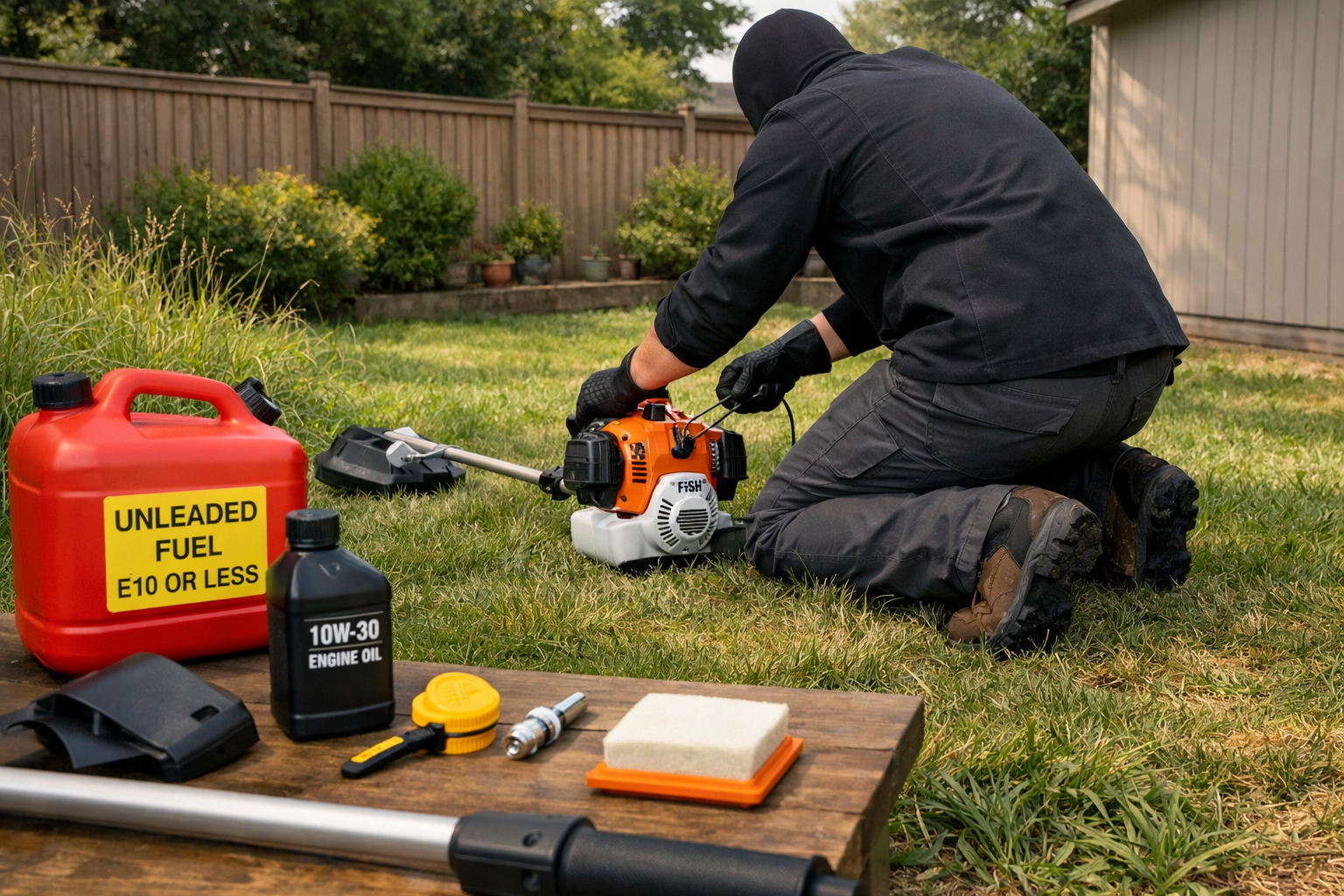 Faceless homeowner starts a Stihl 4 cycle weed eater safely beside organized fuel, oil, and maintenance supplies.