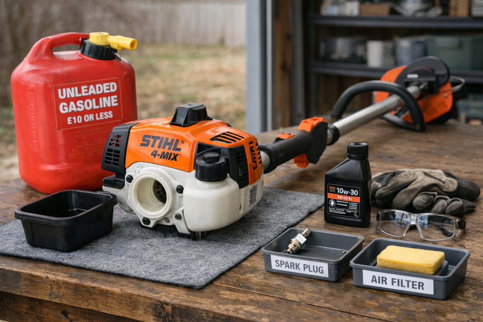 Stihl 4 cycle weed eater powerhead prepared for storage with empty tank, fuel can, oil, gloves, and tools on a workbench