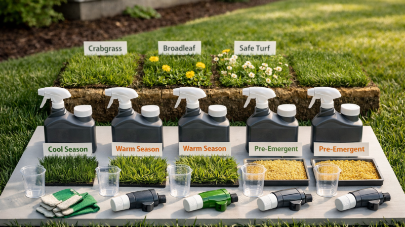 Lawn weed killers herbicides arranged with turf samples, weed patches, and compatibility tags on a suburban lawn.