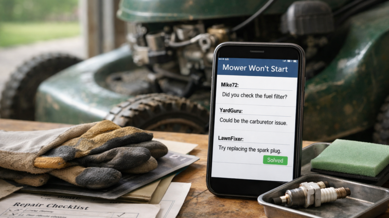 Smartphone showing a “Mower Won’t Start” solved thread beside mower tools, checklist, and spark plug on a garage workbench; lawn forums.