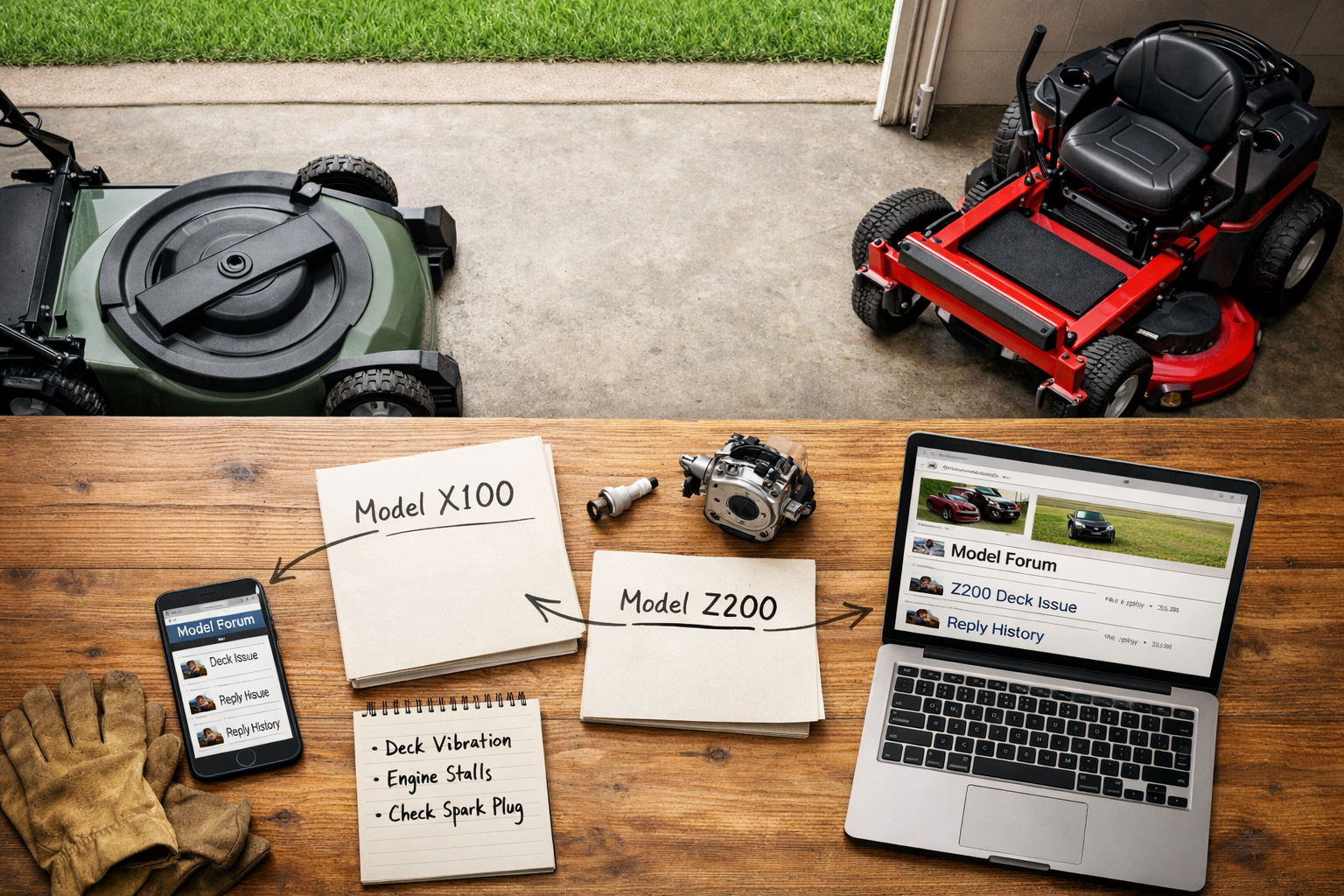 Overhead garage workspace comparing mower parts, manuals, and lawn forums on a laptop and phone beside real equipment.