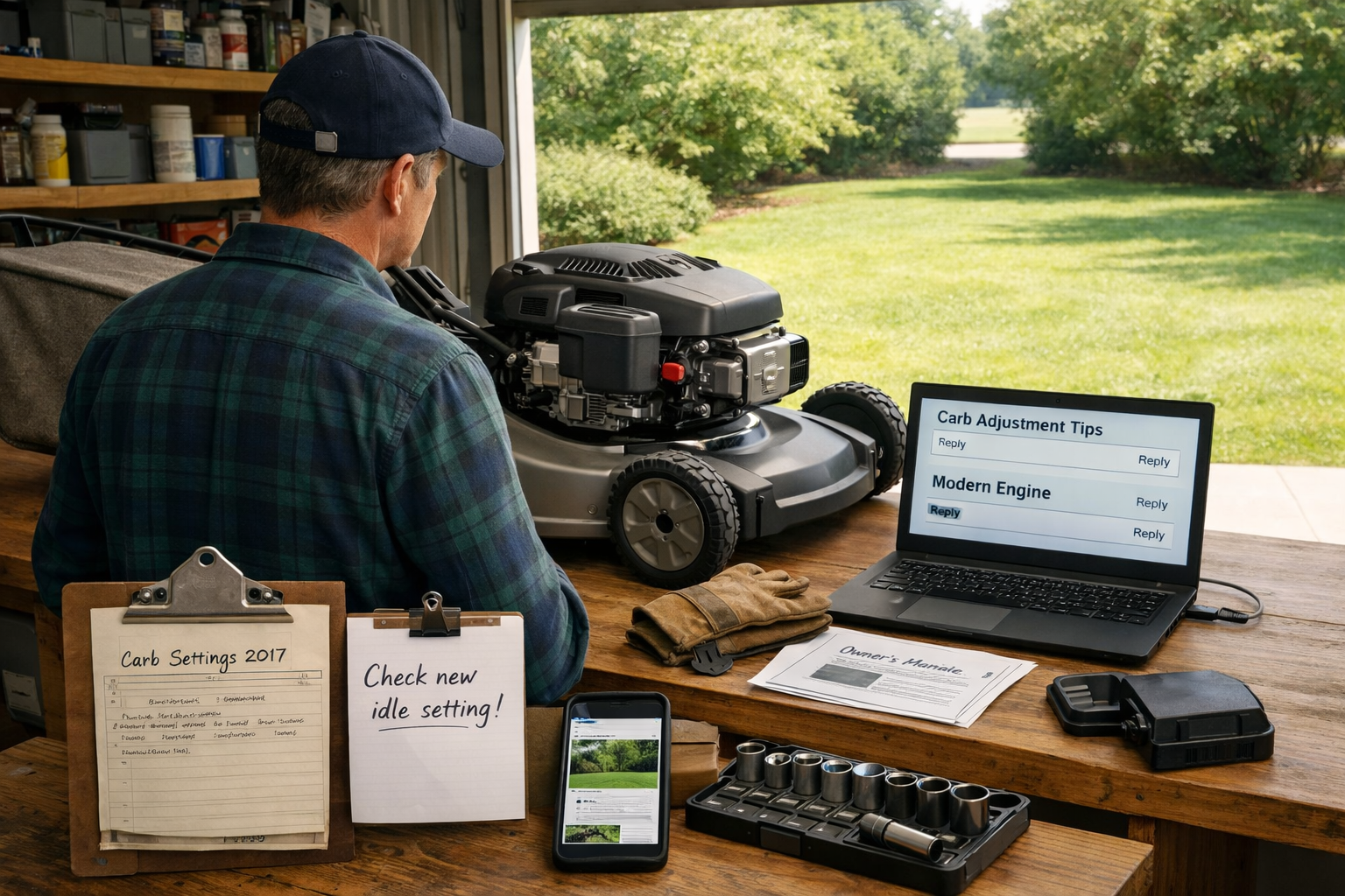 Homeowner inspects a push mower beside lawn forums, repair notes, tools, and laptop in an organized garage overlooking a lawn