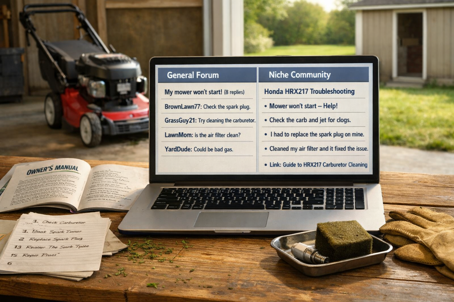 Laptop compares lawn forums on mower troubleshooting beside a push mower, spark plug, air filter, repair notes, and gloves in a garage.