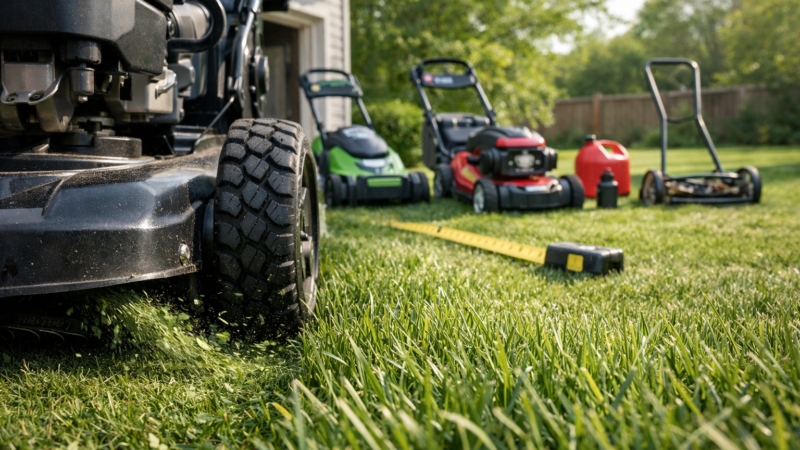Best walk-behind push mower cutting grass, with battery, gas, and reel mower options arranged on a suburban lawn.