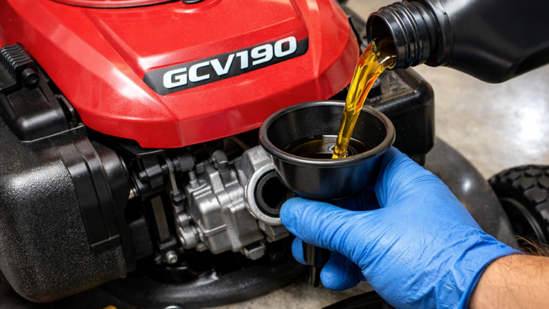 changing oil honda lawn mower with GCV190 engine, funnel, fresh oil, tools, drain pan, and disconnected spark plug wire.