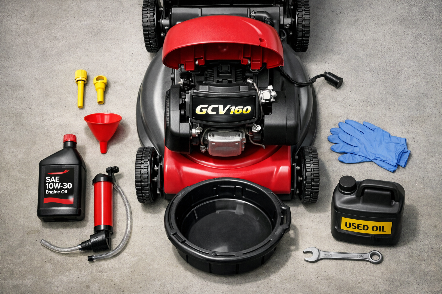 Overhead Honda mower maintenance setup highlighting the GCV160 tag, tools, oil supplies, and disconnected spark plug wire for changing oil honda lawn mower