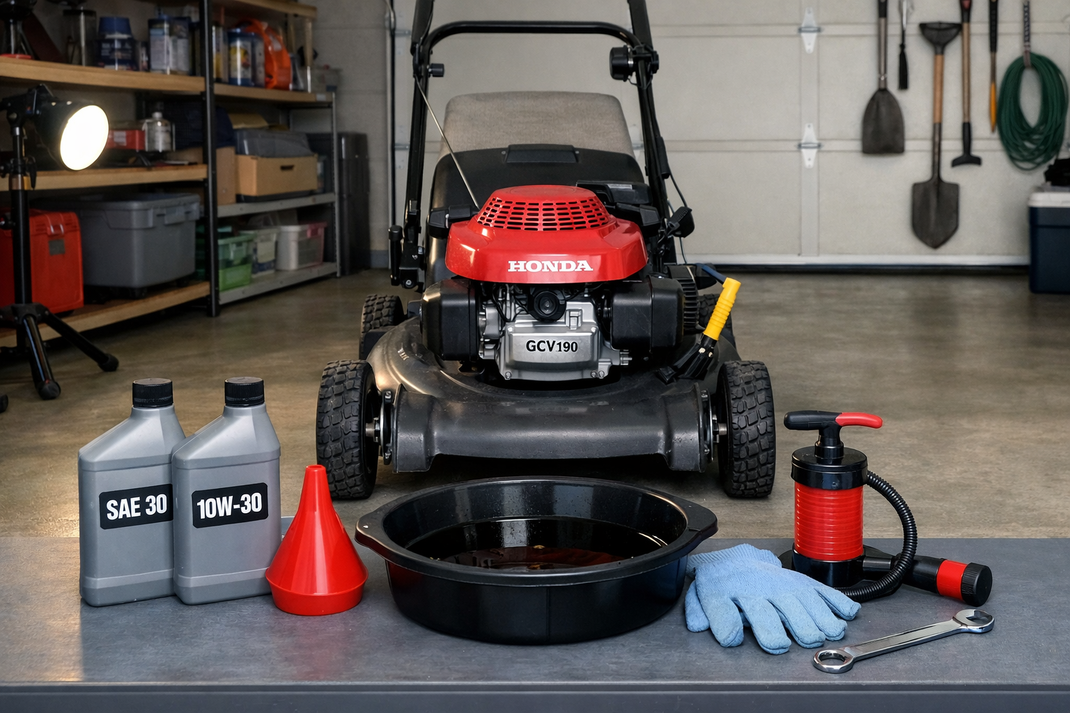 Honda GCV190 push mower and oil-change tools in an organized garage, illustrating changing oil honda lawn mower.