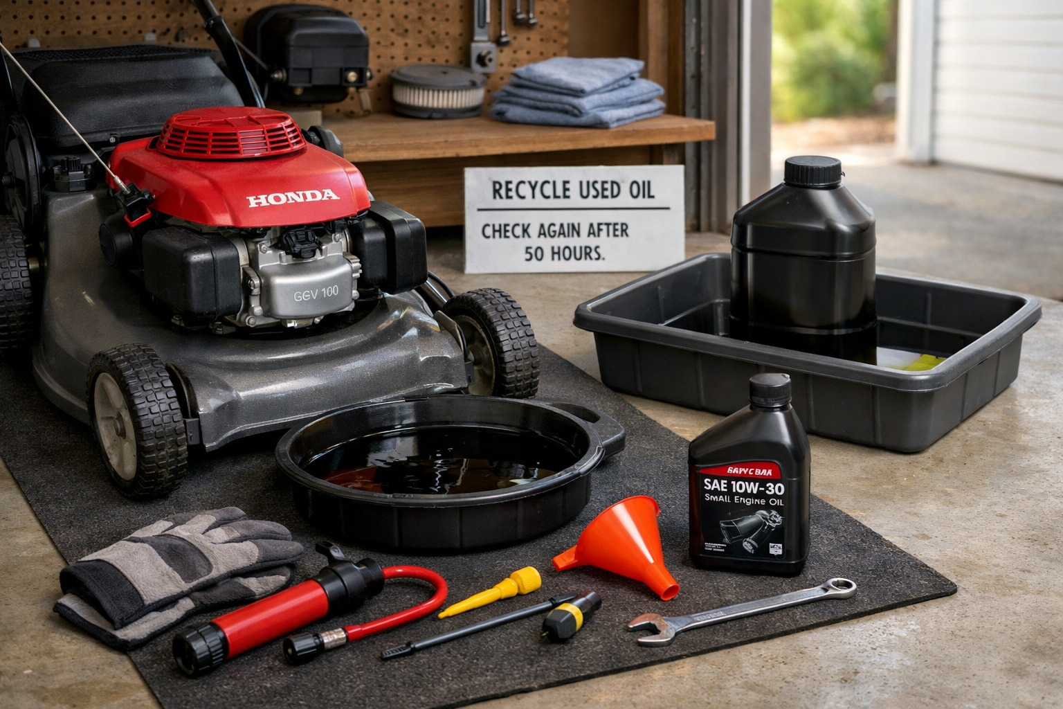 Changing oil honda lawn mower beside a drain pan of used oil, tools, and a recycling container in an organized garage.