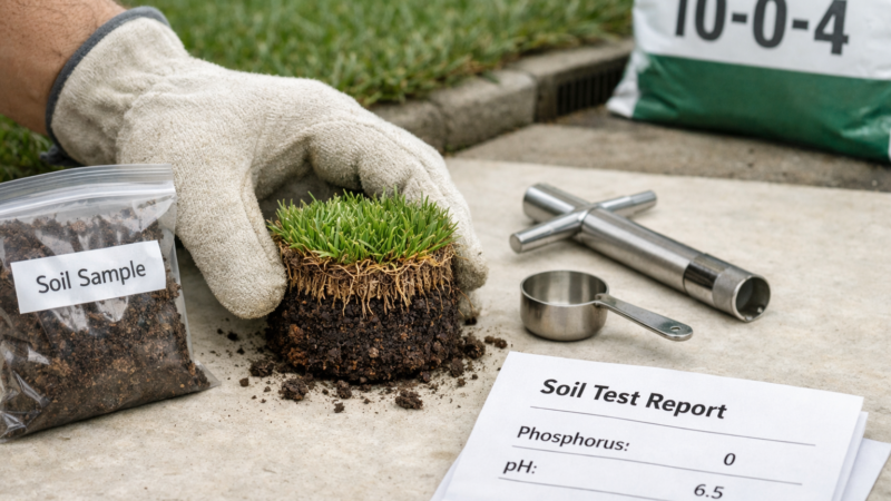 Gloved hand places a turf soil sample beside a report and 10-0-4 bag, illustrating lawn fertilizer phosphorus testing.