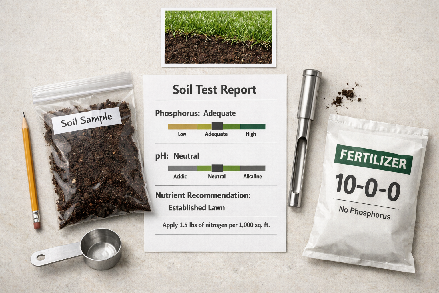 Soil report showing adequate phosphorus and neutral pH beside lawn fertilizer phosphorus bag, soil sample, probe, and turf photo.
