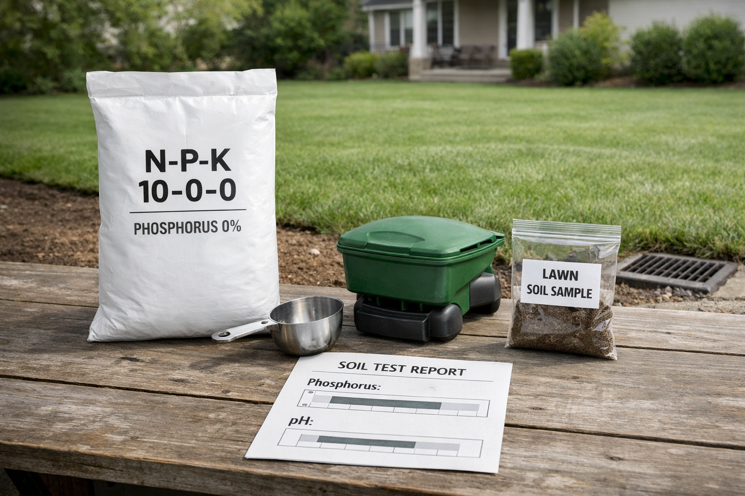 Lawn fertilizer phosphorus bag, soil report, scoop, and sample beside a healthy suburban lawn and storm drain.
