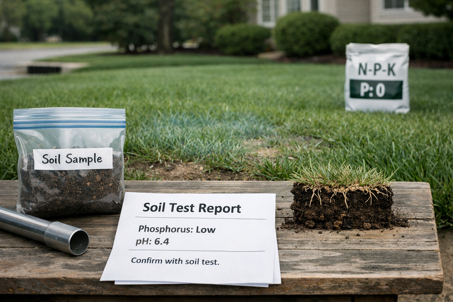 Suburban lawn with patchy growth, soil test reading low phosphorus, and lawn fertilizer phosphorus note beside sample tools.