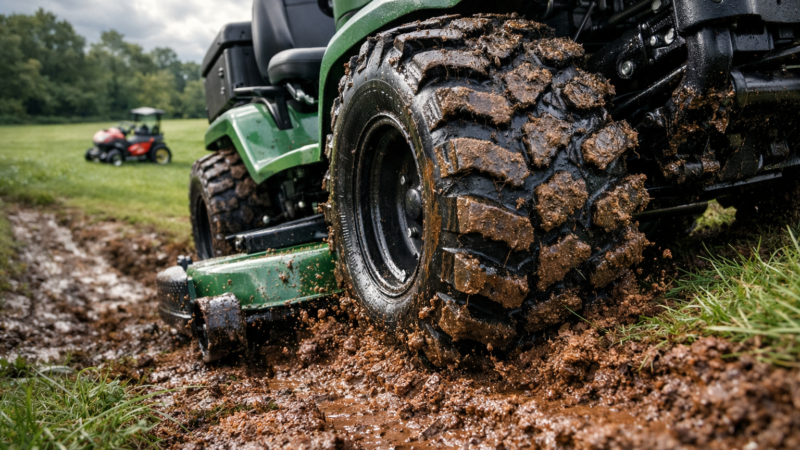 Close-up of a 4 wheel drive lawn mowers tractor climbing a muddy drainage slope, with deep-tread tire and mower deck prominent.