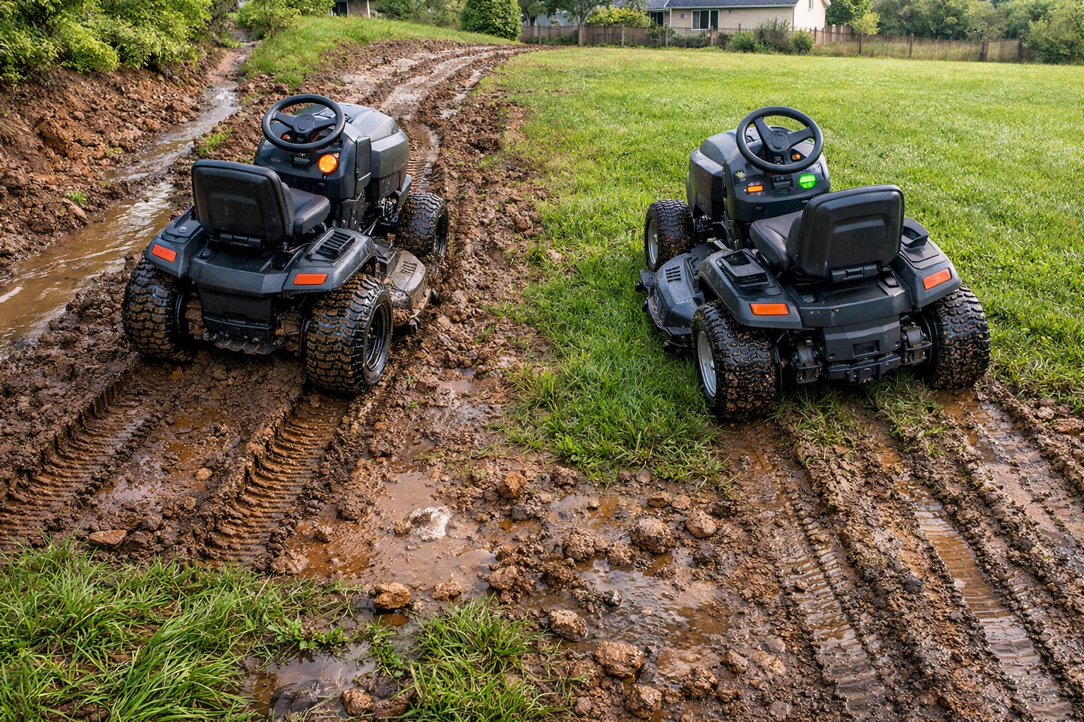 Overhead comparison of 4 wheel drive lawn mowers crossing wet grass, muddy slopes, swales, and rutted terrain beside a home.