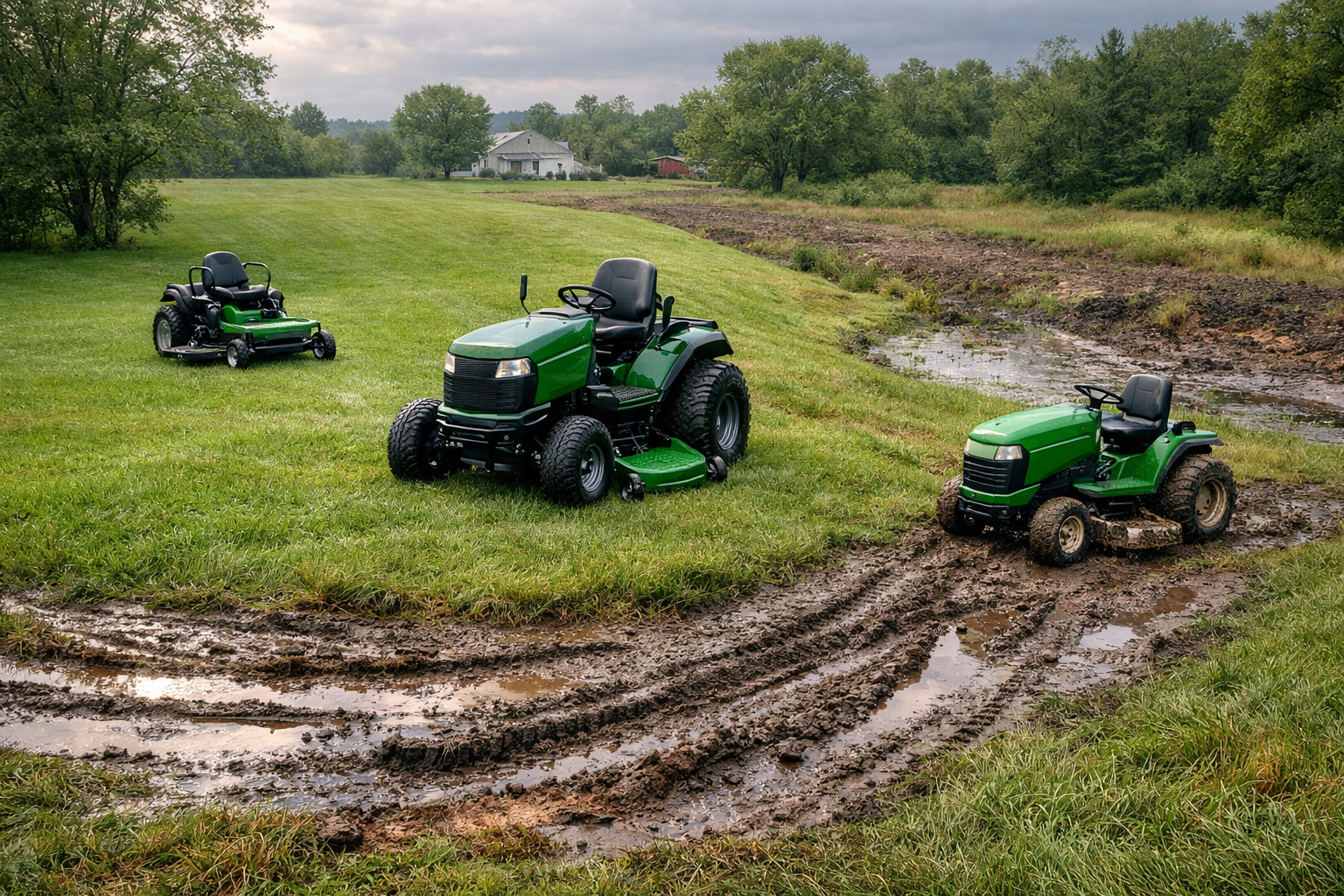 Three unbranded mowers—4 wheel drive lawn mowers, zero-turn, and 2WD—span wet slopes, dry turf, and muddy swales.