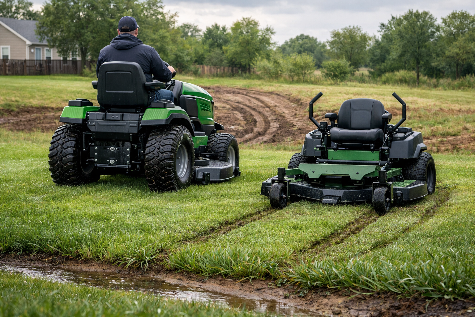 4 wheel drive lawn mowers compared on wet residential turf: green-black tractor with operator beside an unoccupied zero-turn mower.