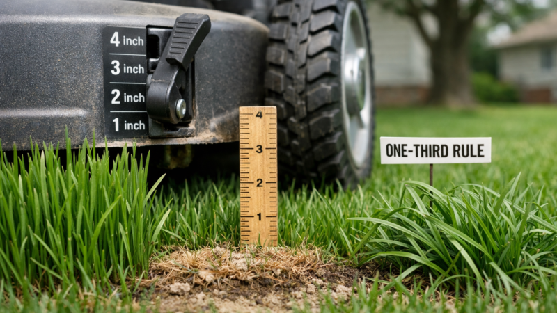 Close-up mower deck with height lever, ruler, and grass at three inches, illustrating lawnmower blade height and the one-third rule.