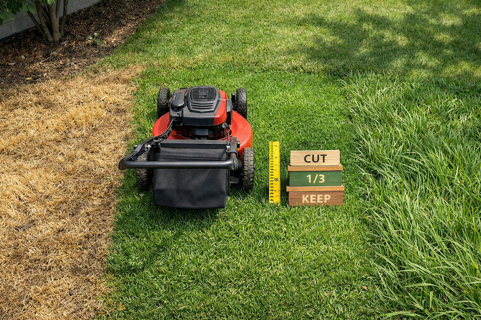 Bird's-eye lawn comparison with mower, ruler, and lawnmower blade height guide showing moderate grass between scalped, tall, and shaded patches.