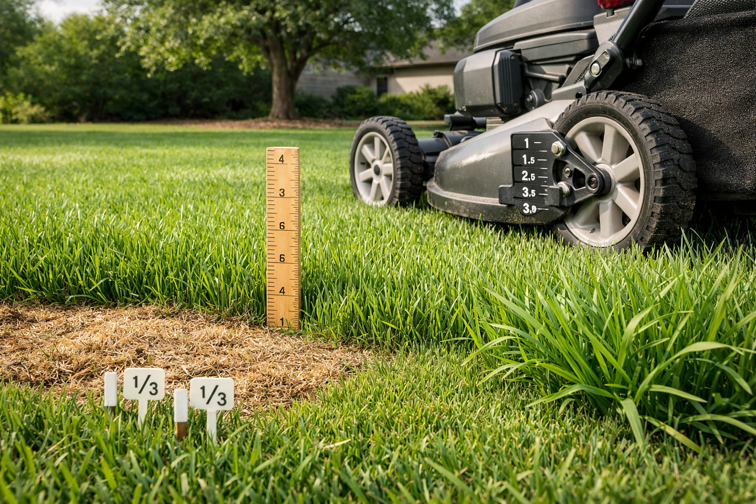 Lawnmower blade height inspection with a ruler, mower lever, healthy cut grass, tall turf, and a scalped brown patch.