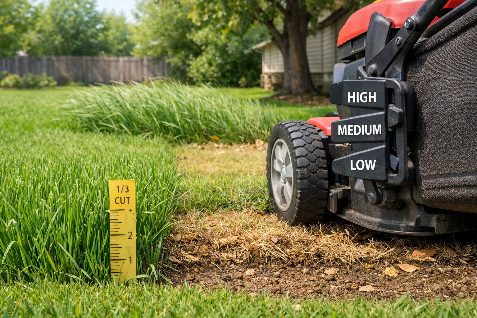 Lawnmower blade height lever marked high, medium, and low beside healthy, scalped, tall, and shaded grass zones.