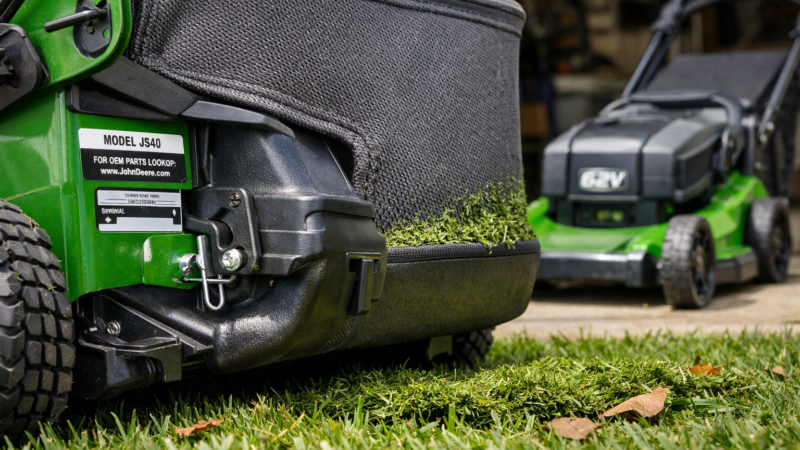 john deere push mower with bagger, rear chute and hardware visible, catcher partly filled with clippings on a suburban lawn