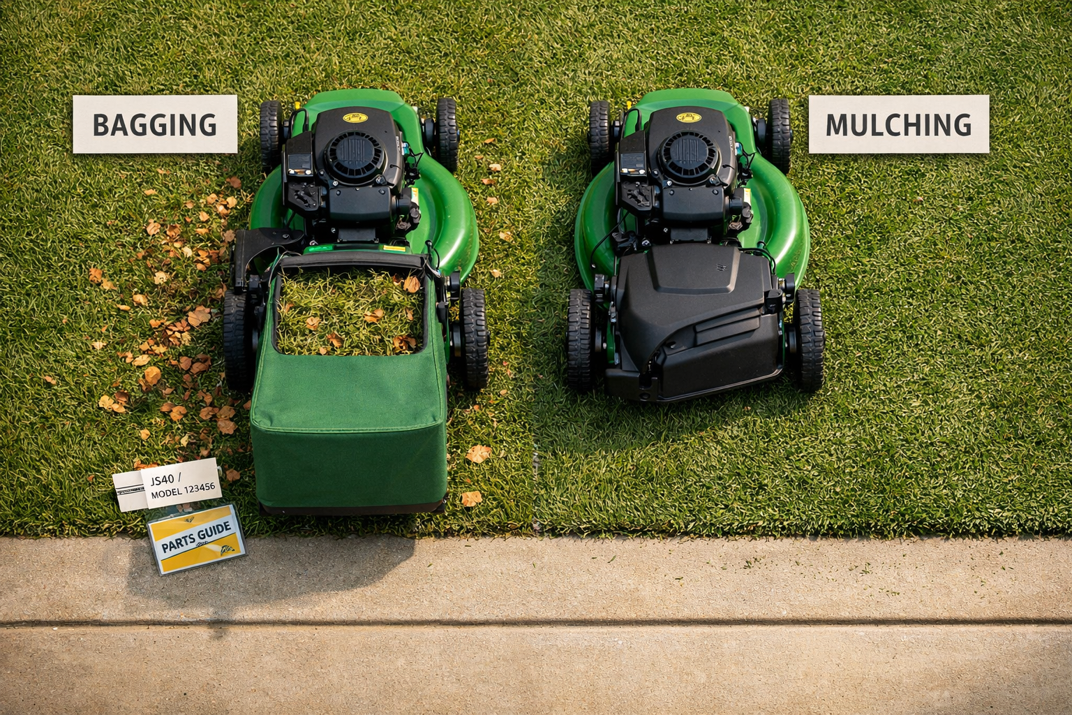 John Deere push mower with bagger showing bagging and mulching configurations beside a suburban lawn, labeled comparison cards nearby